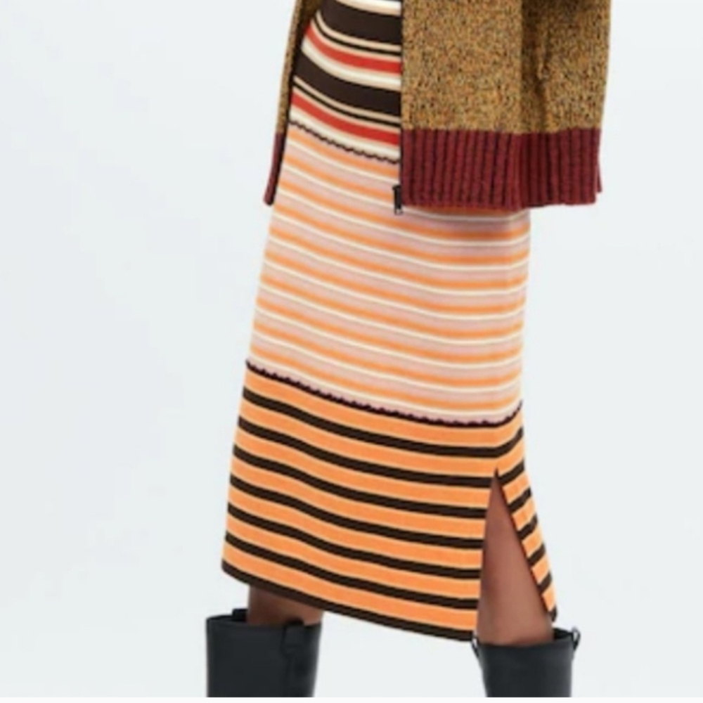 MARNI x UNIQLO MERINO BLEND STRIPED BROWN/ORANGE KNITTED MIDI SKIRT - Picture 2 of 8